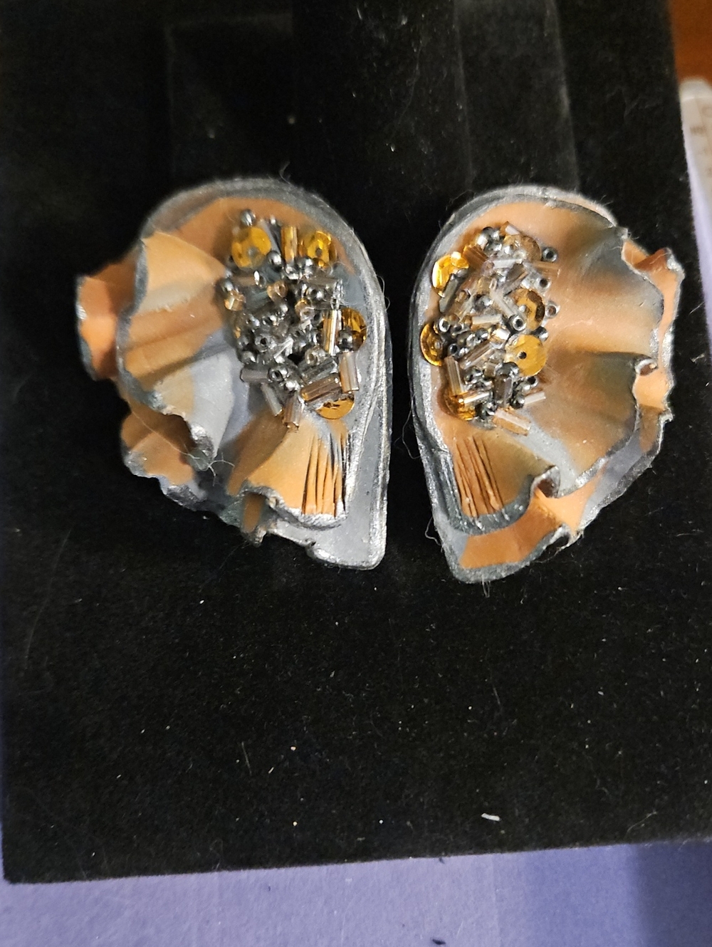 Gold Floral Petal Clip Earrings with Silver Accents